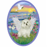 Sunrise and Maltese Angel Statuette<br><div class="desc">A beautiful sunrise over blue waters and lily pads floating under a rustic bridge while a Maltese angel sits in the soft grass as the sun rises higher in the sky of a new day.</div>