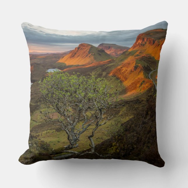 Sunrise at Quiraing mountains on Skye, Scotland Throw Pillow (Front)