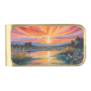 Sunrise at the pond watercolor gold finish money clip