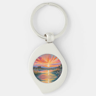 Sunrise at the pond watercolor keychain