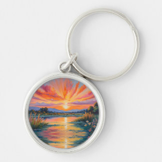 Sunrise at the pond watercolor keychain
