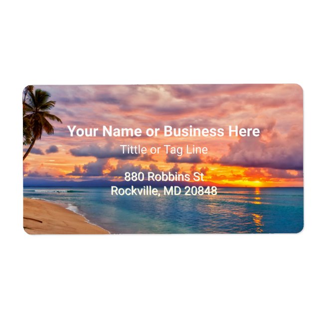 Sunrise Beach and Palm Trees Tropical Label (Front)