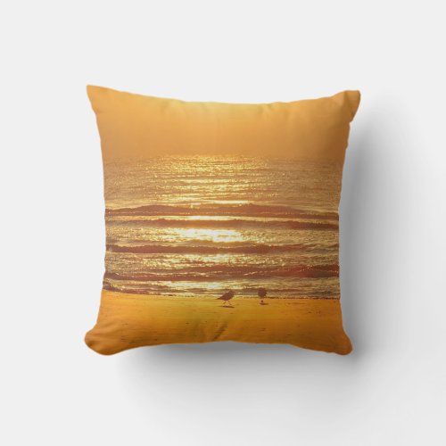Sunrise Beach Birds Orange Outdoor Pillow
