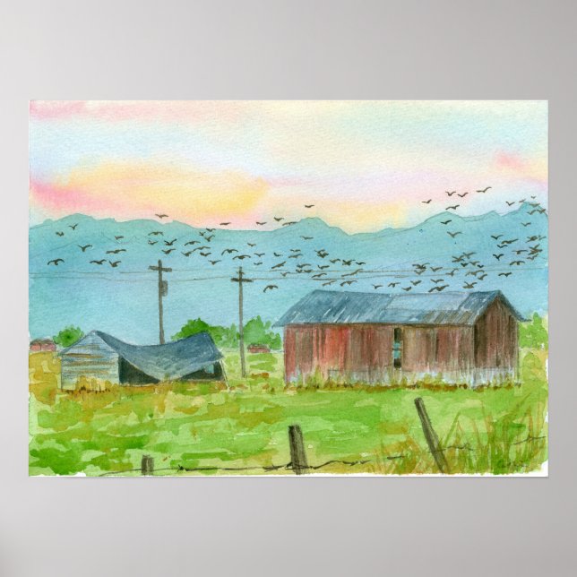 Sunrise Birds Red Barn Watercolor Landscape Art Poster (Front)