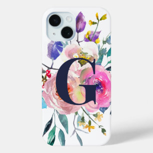Sunrise Boho Floral Navy Monogram iPhone 15 Case