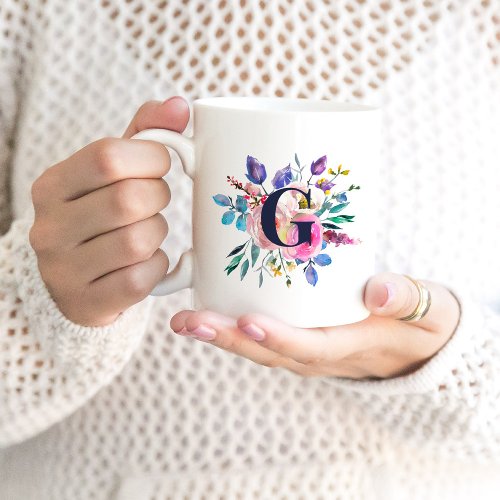 Sunrise Boho Floral Navy Monogram Coffee Mug