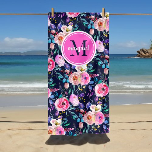 Sunrise Boho Floral Pink and Navy Monogram Beach Towel