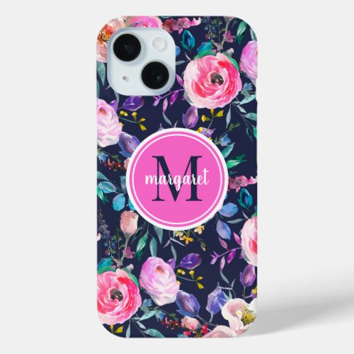 Sunrise Boho Floral Pink and Navy Monogram iPhone 15 Case