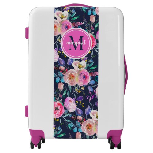 Sunrise Boho Floral Pink and Navy Monogram Luggage