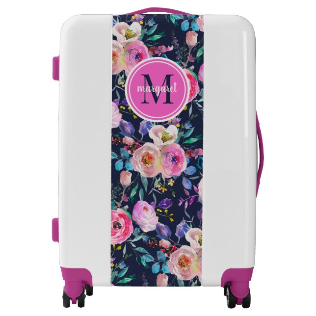 Sunrise Boho Floral Pink and Navy Monogram Luggage (Front)