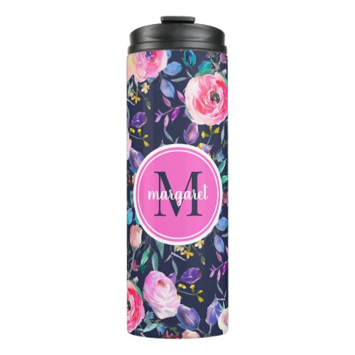 Sunrise Boho Floral Pink and Navy Monogram Thermal Tumbler