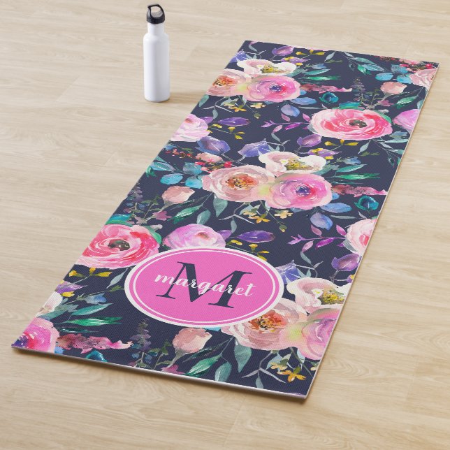 Sunrise Boho Floral Pink and Navy Monogram Yoga Mat (In Situ)