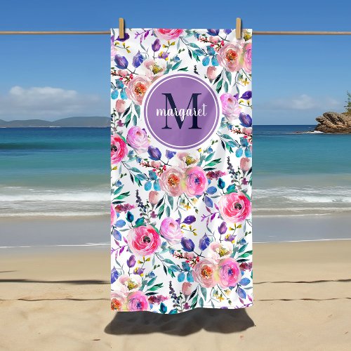 Sunrise Boho Floral Purple and White Monogram Beach Towel