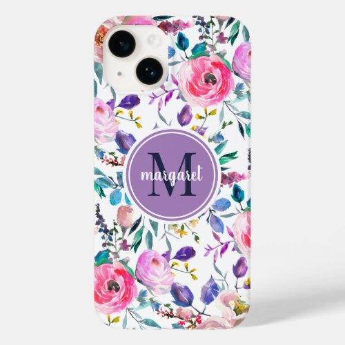 Sunrise Boho Floral Purple and White Monogram Case_Mate iPhone 14 Case