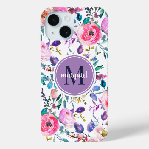 Sunrise Boho Floral Purple and White Monogram iPhone 15 Case