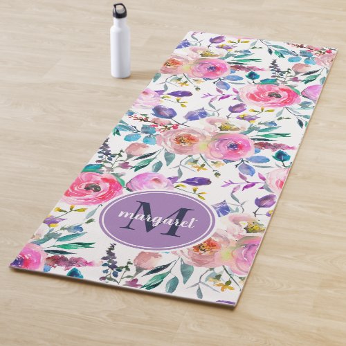 Sunrise Boho Floral Purple and White Monogram Yoga Mat