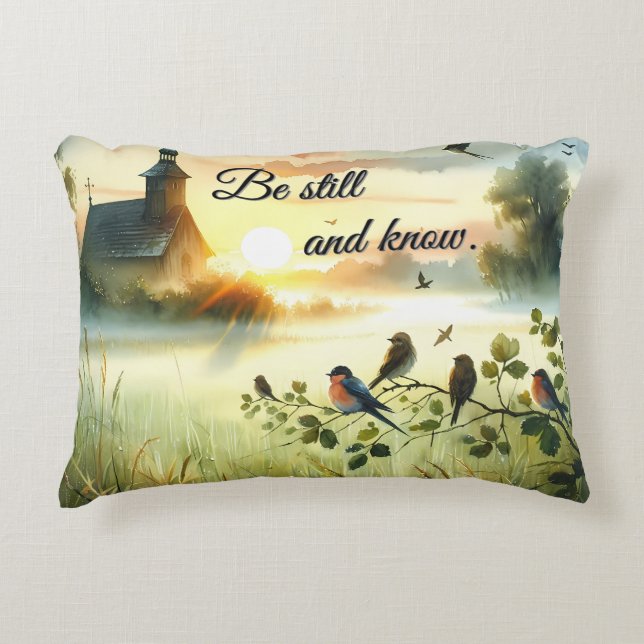 Sunrise Church with Birds in Misty Meadow Accent Pillow (Front)