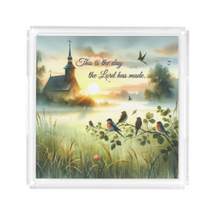 Sunrise Church with Birds in Misty Meadow Acrylic Tray