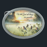 Sunrise Church with Birds in Misty Meadow Belt Buckle<br><div class="desc">This enchanting artwork captures the serene beauty of a sunrise landscape, where golden morning light floods a peaceful meadow and a quaint wooden church stands silhouetted against the soft mist. A gathering of songbirds perches on dew-kissed branches, adding warmth and life to the tranquil scene. The delicate blend of warm...</div>