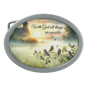 Sunrise Church with Birds in Misty Meadow Belt Buckle