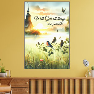 Sunrise Church with Birds in Misty Meadow Canvas Print