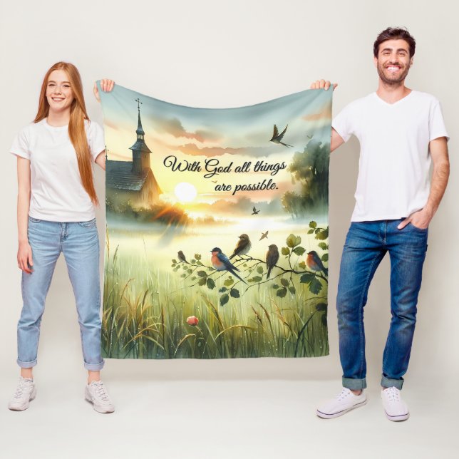 Sunrise Church with Birds in Misty Meadow Fleece Blanket (In Situ)