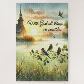 Sunrise Church with Birds in Misty Meadow Jigsaw Puzzle
