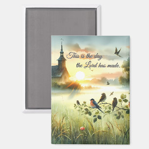 Sunrise Church with Birds in Misty Meadow Magnet