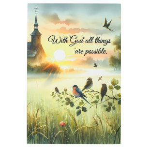 Sunrise Church with Birds in Misty Meadow Metal Print