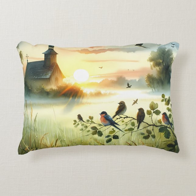 Sunrise Church with Birds in Misty Meadow No Verse Accent Pillow (Front)