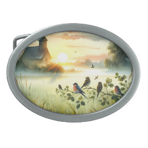 Sunrise Church with Birds in Misty Meadow No Verse Belt Buckle