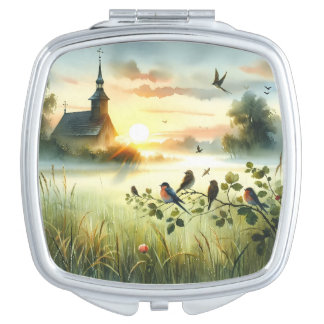 Sunrise Church with Birds in Misty Meadow No Verse Compact Mirror