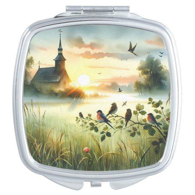Sunrise Church with Birds in Misty Meadow No Verse Compact Mirror (Front)