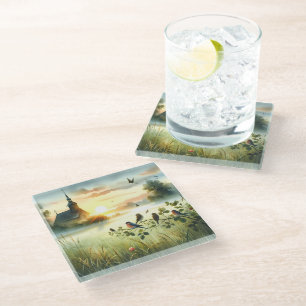 Sunrise Church with Birds in Misty Meadow No Verse Glass Coaster