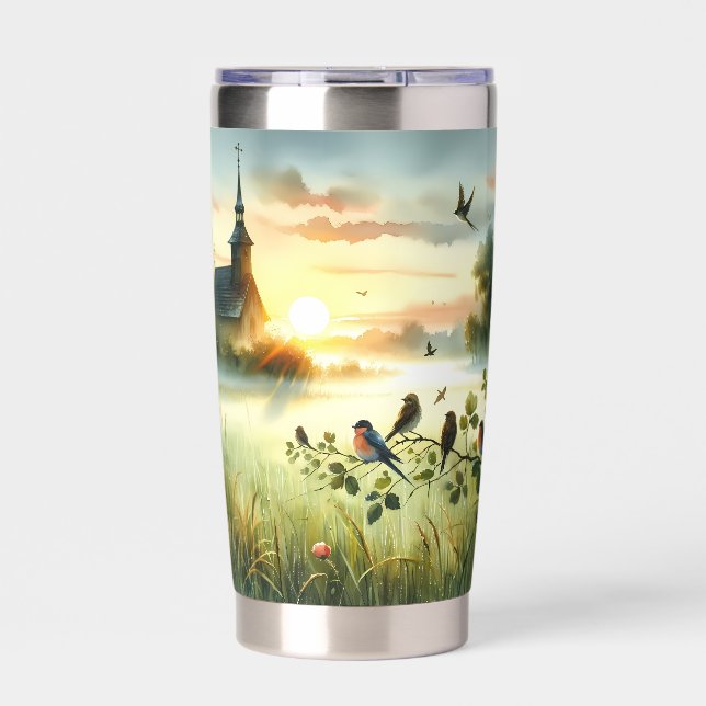 Sunrise Church with Birds in Misty Meadow No Verse Insulated Tumbler (Front)