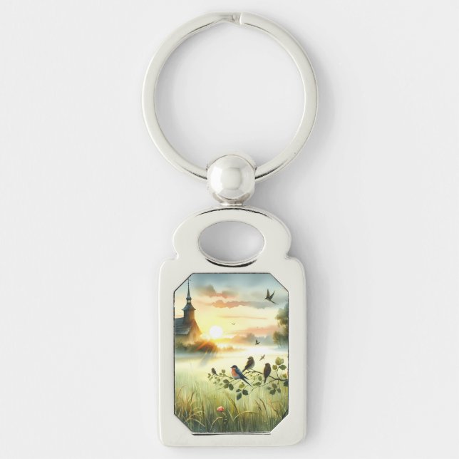 Sunrise Church with Birds in Misty Meadow No Verse Keychain (Front)