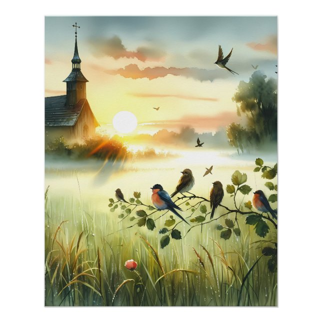 Sunrise Church with Birds in Misty Meadow No Verse Poster (Front)
