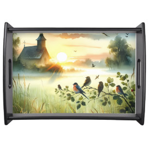 Sunrise Church with Birds in Misty Meadow No Verse Serving Tray