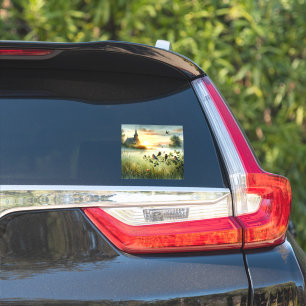 Sunrise Church with Birds in Misty Meadow No Verse Sticker