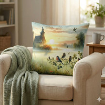 Sunrise Church with Birds in Misty Meadow No Verse