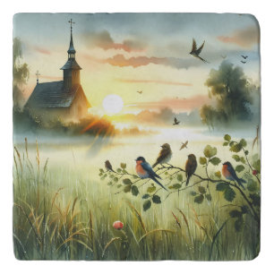 Sunrise Church with Birds in Misty Meadow No Vese Trivet