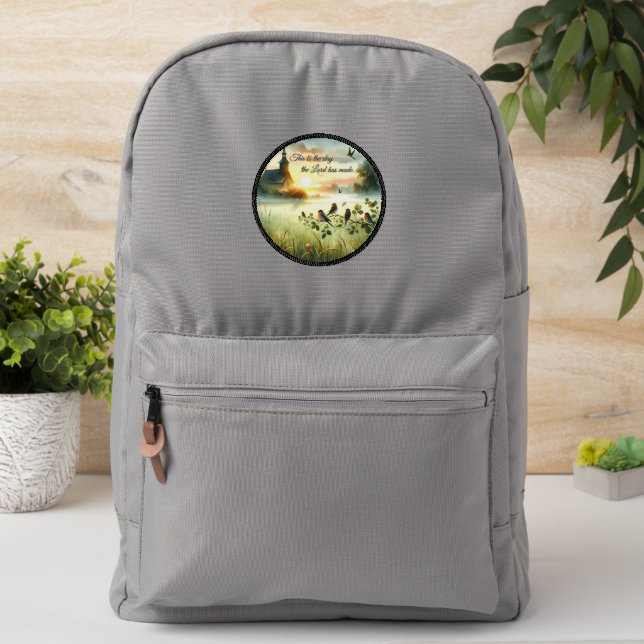 Sunrise Church with Birds in Misty Meadow Patch (On Backpack)