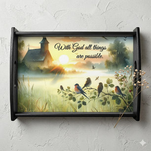 Sunrise Church with Birds in Misty Meadow  Serving Tray