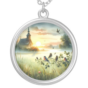 Sunrise Church with Birds in Misty Meadow Silver Plated Necklace