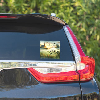 Sunrise Church with Birds in Misty Meadow Sticker
