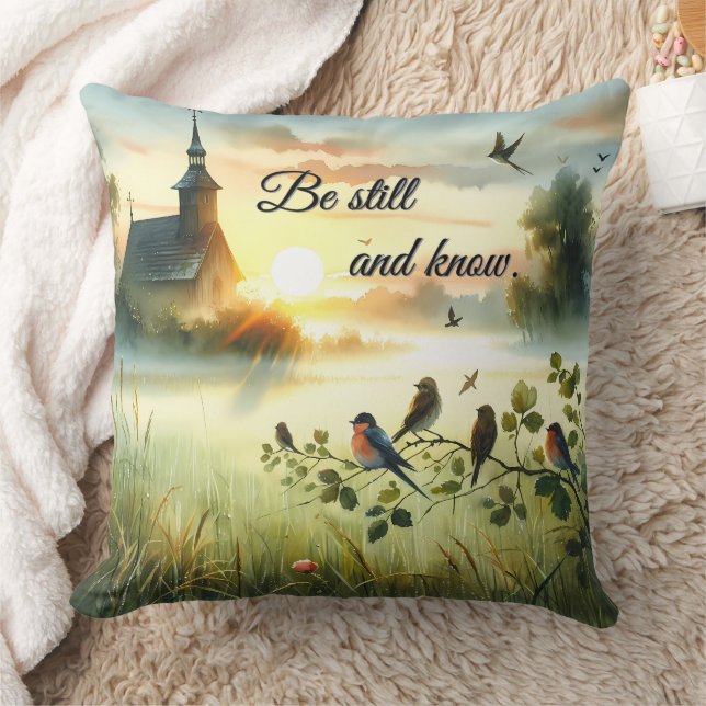 Sunrise Church with Birds in Misty Meadow Throw Pillow (Blanket)