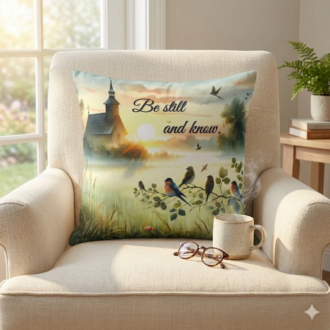 Sunrise Church with Birds in Misty Meadow Throw Pillow (Sunrise Church with Birds in Misty Meadow Throw Pillow Mockup A)