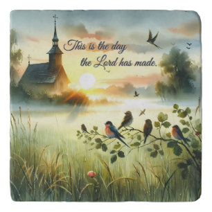 Sunrise Church with Birds in Misty Meadow Trivet