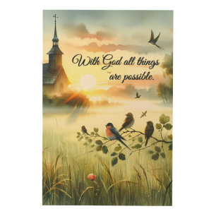 Sunrise Church with Birds in Misty Meadow Wood Wall Art