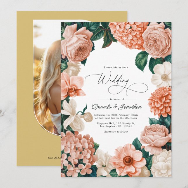 Sunrise Coral/Blush Peach/Driftwood Cream Wedding Invitation (Front/Back)